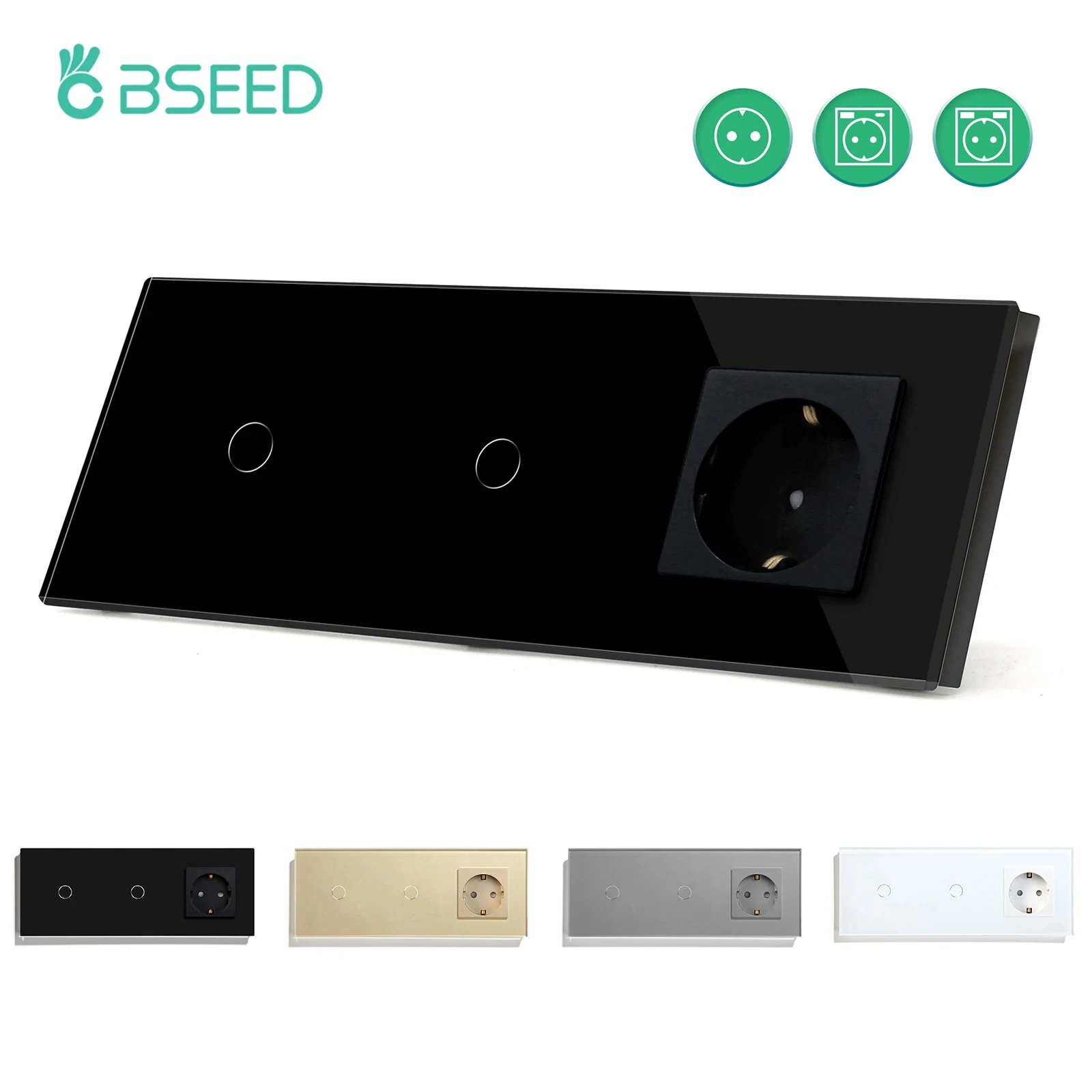 Bseed Padrão da ue 1gang 1way Interruptores de Toque Parede com Tomada de Parede da ue Preto Branco Painel Vidro Dourado Led Sensor Luz Interruptores