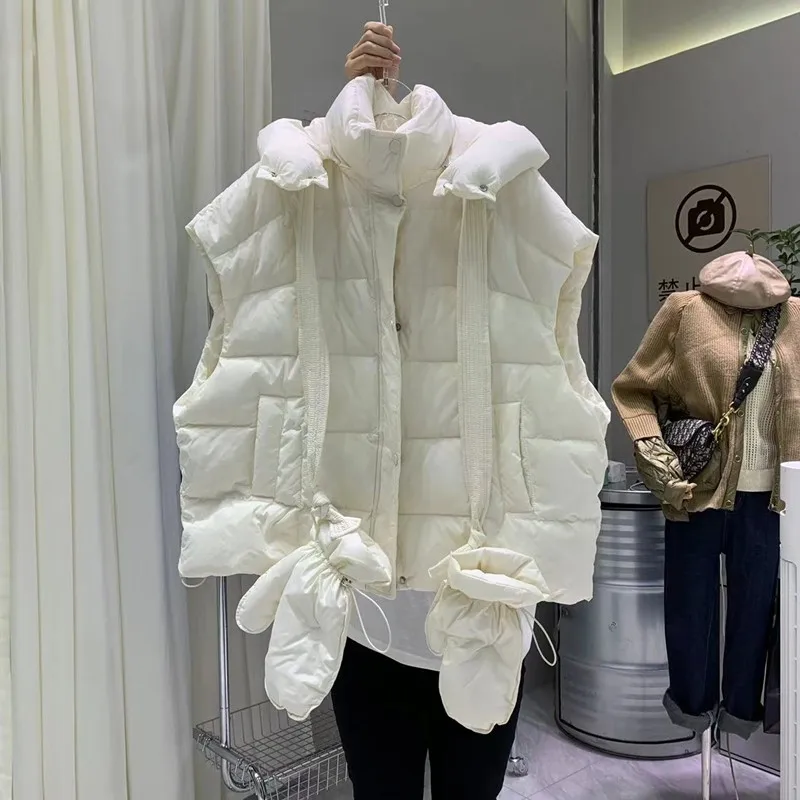 

2023 new winter vest down jacket waistcoat women's loose hood warm waistcoat 90% white duck down high-quality coat gloves