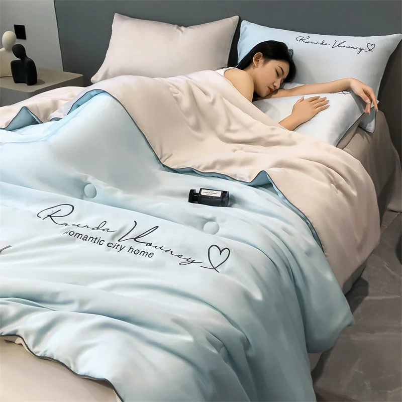 Grade A Washable Ice Silk Summer Quilt Set or 1 Pcs Quilt Skin-friendly  Air Conditioning Embroidered Comforter Summer Blanket 1