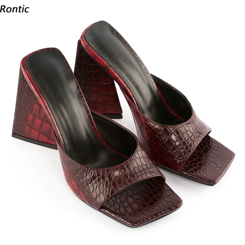 

Rontic Handmade Womens Summer Mules Sandals Unisex Strange Heels Open Toe Gorgeous Wine Red Brown Party Shoes US Size 4-15