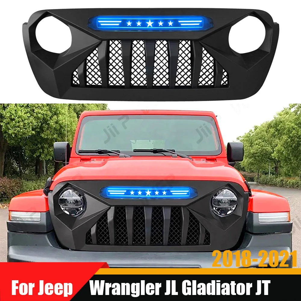 

For Jeep Wrangler JL Gladiator JT 2018-2021 Front Grille Mesh Grill Racing Grills Offroad Bumper Grille With Light LED Factory