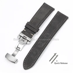 Premium Leather Cowhide Watch Strap with Quick Release and Butterfly Buckle - 18mm (Gray - Silver)