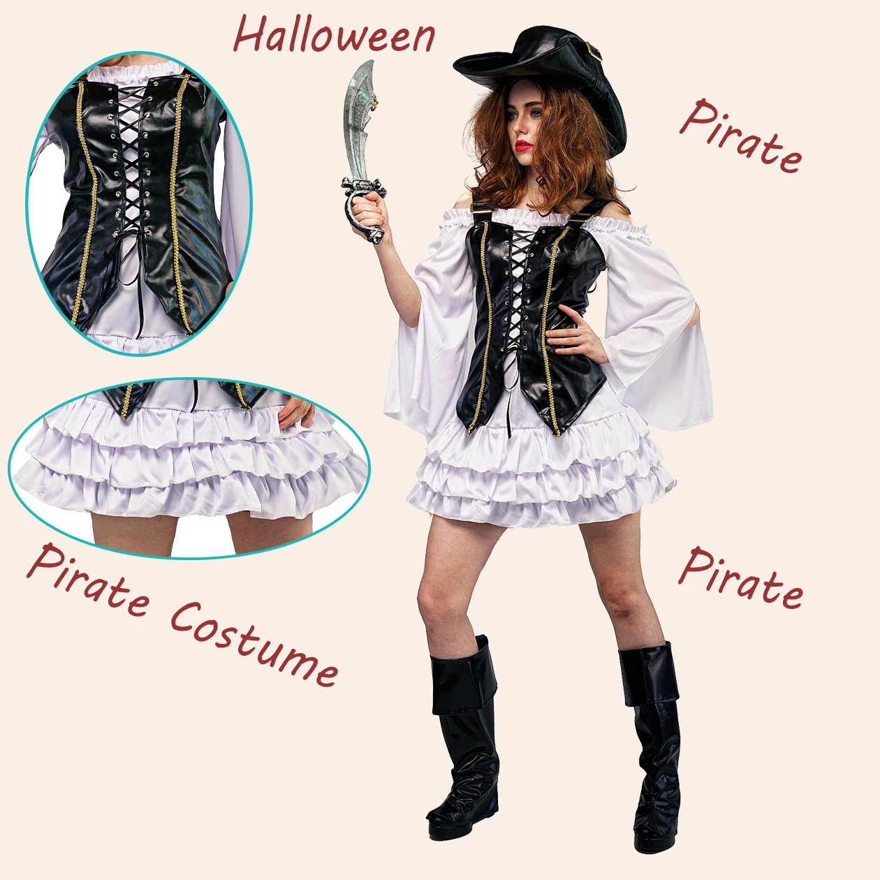

Halloween Buccaneer Costume Women Pirate Costume Cosplay Deluxe Pirate Princess Role Play Dress with Leather Hat