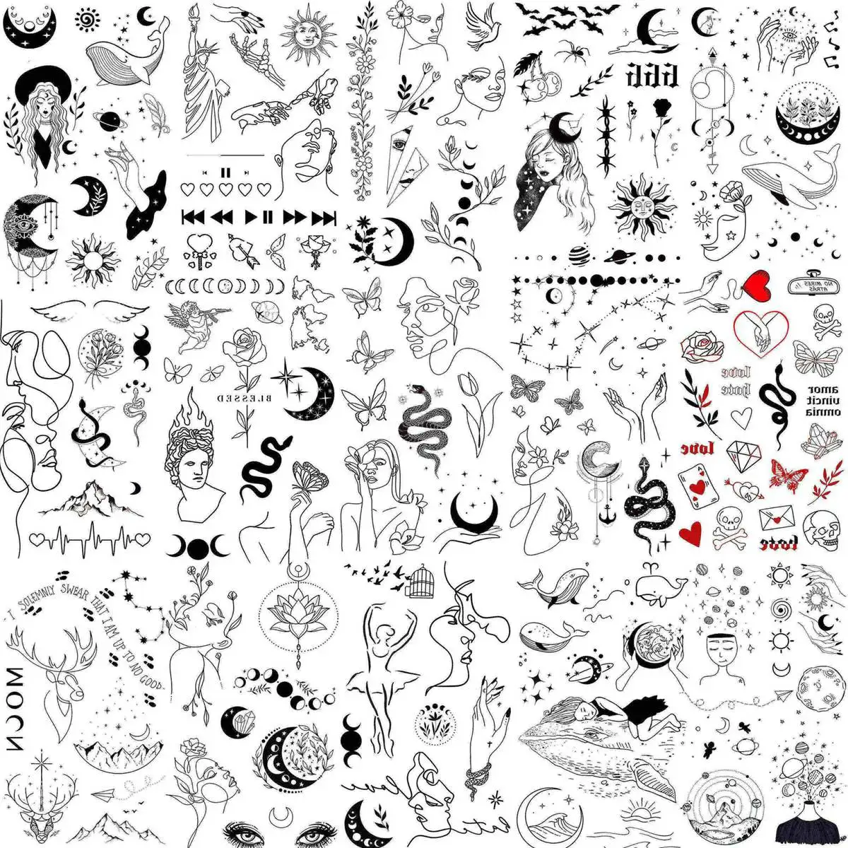 

15 Sheets Minimalism Abstract Line Art Temporary Tattoos For Women Men Adults Finger Black Tattoo 3D Moon Star Fake Tatoos Sets