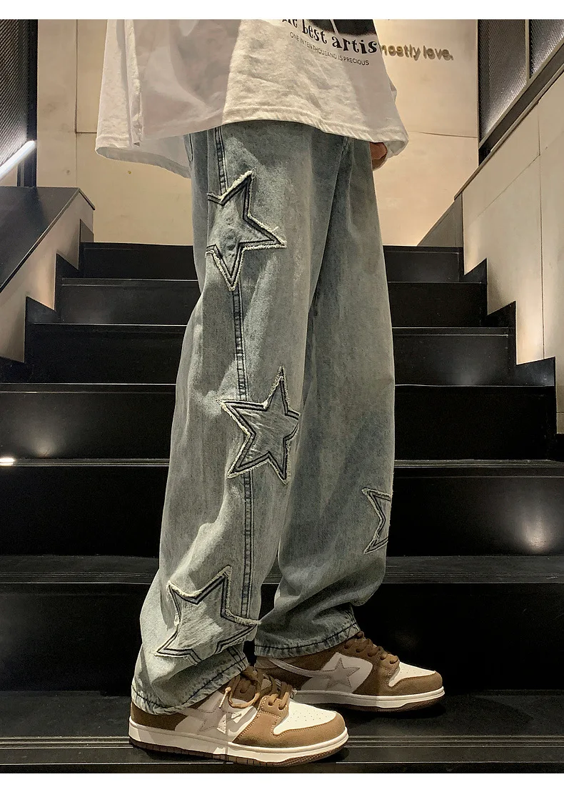 Men Stars Pattern Denim Pants Pockets Casual Breathable Cotton Blend Straight Leg Jeans For Spring Fall men jeans mens jeans jeans trousers denim trousers