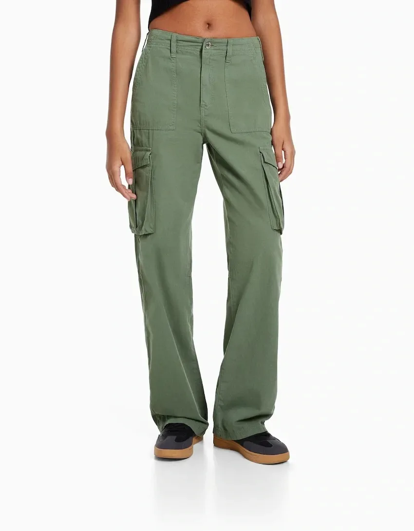 

Women Adjustable Straight Leg Cargo Pants 2023 Autumn Green Black Pocket High Street Retro Loose Overalls Female New Casual Pant