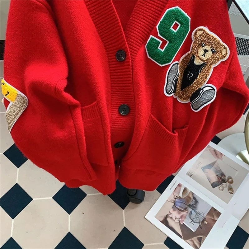 Women Long Sleeve Knit Loose Cardigan Cartoon Sheep V-Neck