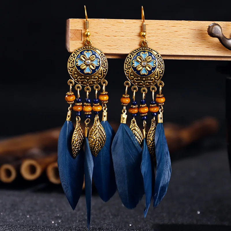 Boucles d'oreilles bohémiennes vintage pour femmes, bijoux longs en plumes sculptées, 2024