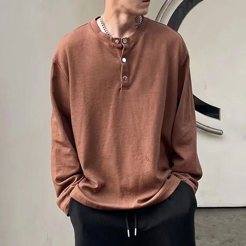 

Pit Strip Texture Solid Button V Neck Long Sleeve Men T Shirts Fashion Harajuku Spring Summer Clothes Simple Japanese Streetwear
