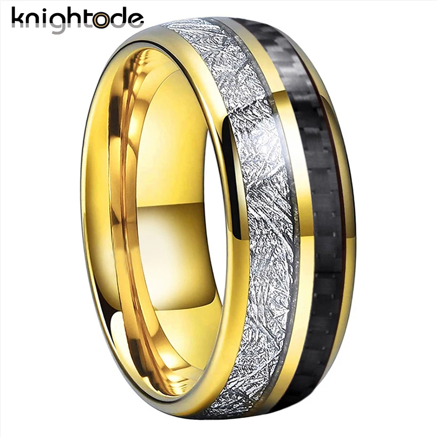 8mm Men's Tungsten Carbide Wedding Band White Meteorite/Black Carbon Fiber Valentine Engagement Ring Dome Polished Comfort Fit menband fashion 8mm gold color men women tungsten carbide wedding ring two groove inlay whiskey barrel oak wood dome polished