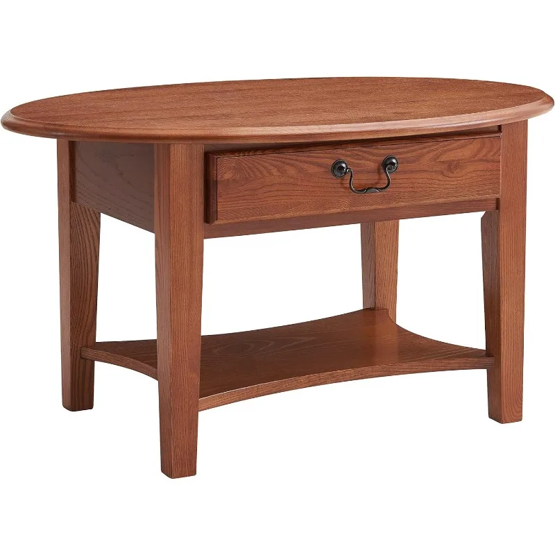 Haven Ridge One Drawer Solid Wood Oval Coffee Table with Shelf, Medium Oak Brown 6