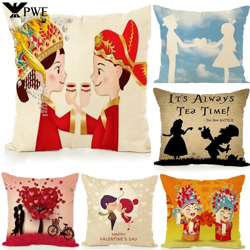 

Cute Cartoon Couple Characters Linen Pillowcase Room Living Room Sofa Decoration Cushion Cover Valentine's Day Gift