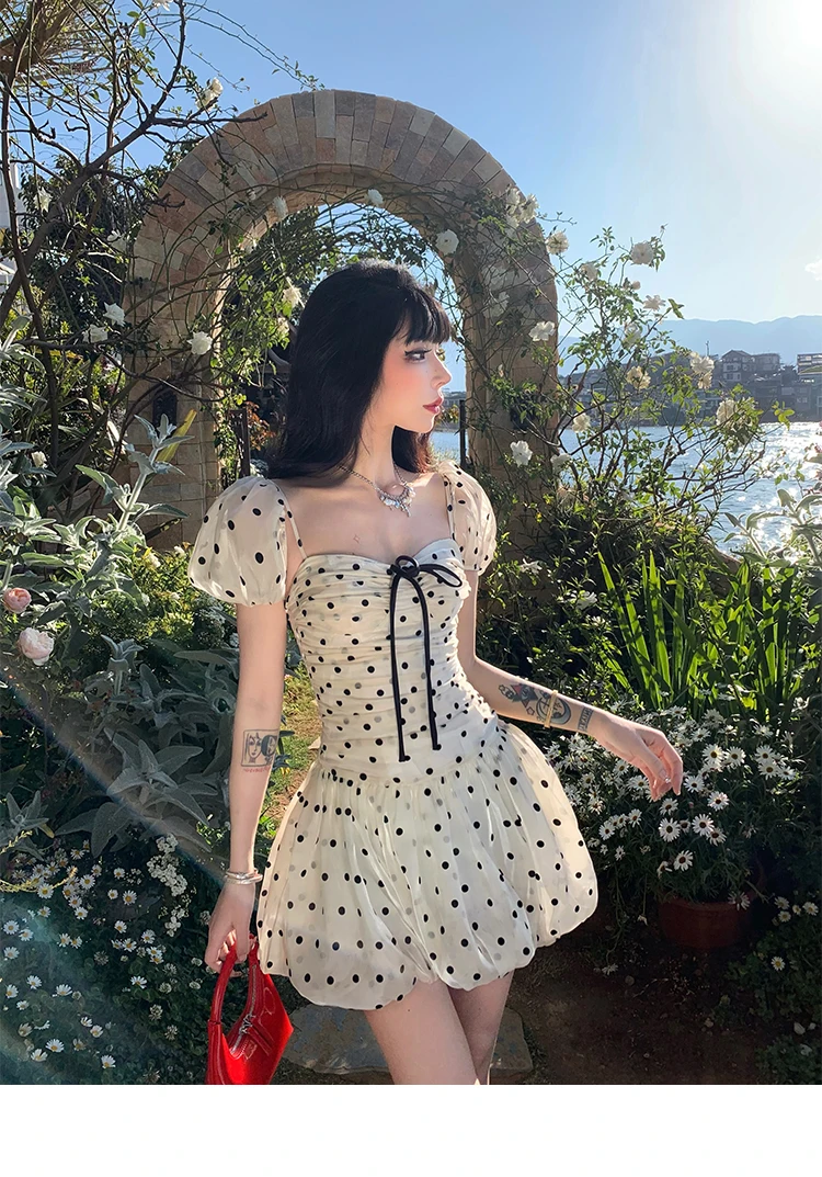 Polka Dot Birthday Party Dress Off Shoulder Puff Sleeve A-line Ball Gown Mini Dresses for Women Korean Fashion One Piece Vestido