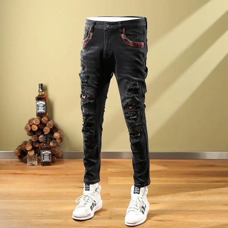 

Men's Jeans Ripped Pants High Street Fashion Stretch Fit Men's Pants Y2K Men's Clothes