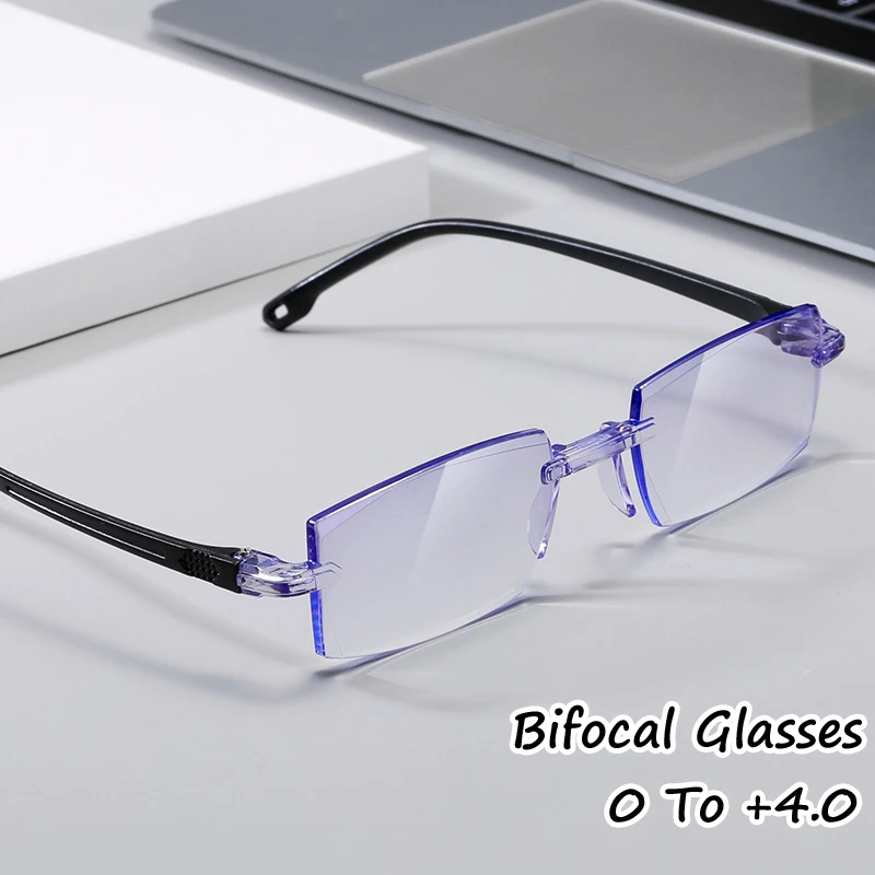 

Fashion Bifocal Reading Glasses Men Blue Light Blocking Presbyopic Eyewear Ultralight Diamond-cut Rimless Far Sight Eyeglasses