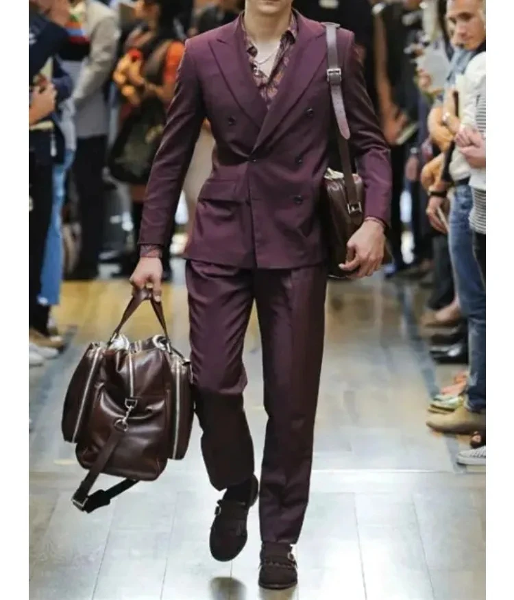 Purple Double Breasted Men Suit Slim Fit 2 Piece Gentle Groom Tuxedo High Street Blazer Wedding Suits for Men Terno Masculino