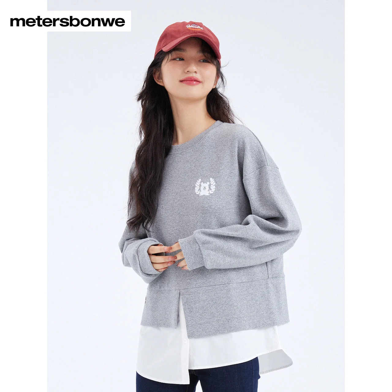 Metersbonwe Women's Fashion Irregular Splicing Pullover 100% Cotton  Preppy Style Sweat Shirt Print Loose Spring Autumn Tops