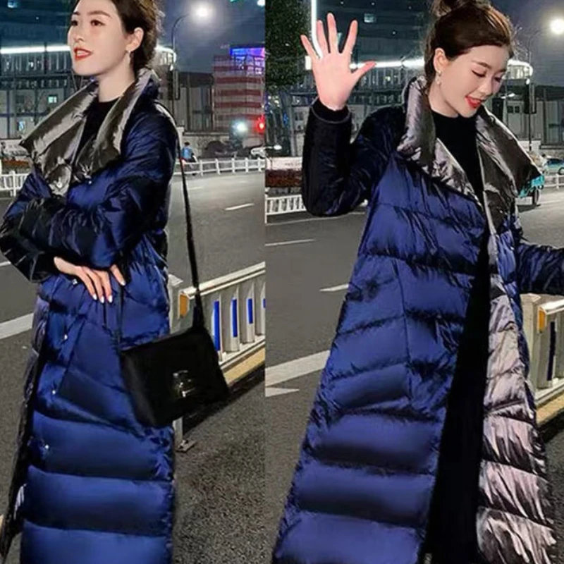 2023 New Women Down Jacket Winter Coat Female Mid-length Below Knees Parkas Thin Two Sided Loose Outwear Slim Simple Overcoat