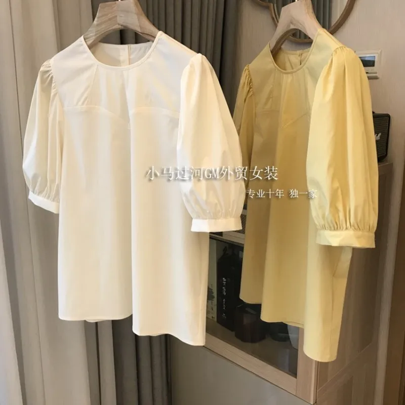 

Round Neck Short Sleeved Shirt For Women'S Summer New Design Sense High Count Cotton French Fashion Temperament Solid Color Bubb