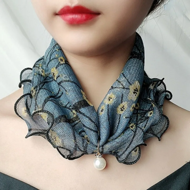 Lace Pearls Scarf Wood Ears Gold Color Thread Lace Variety Lady