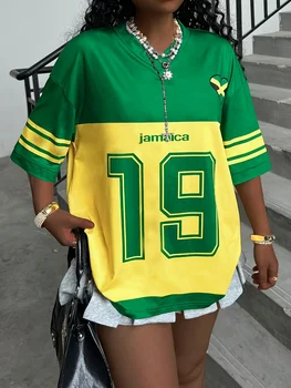 Women's Jamaican No. 19 Jersey V-Neck T-Shirt Yellow And Green Block Combination Sports Top Breathable And Casual Summer Wear 1