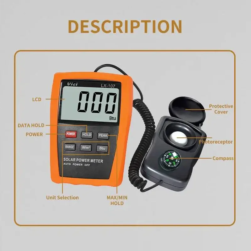 Solar Power Meter Visible Intensity Solar Radiometer Infrared Radiation Detector W/m2 and BTU unit selection Optical experiment 4