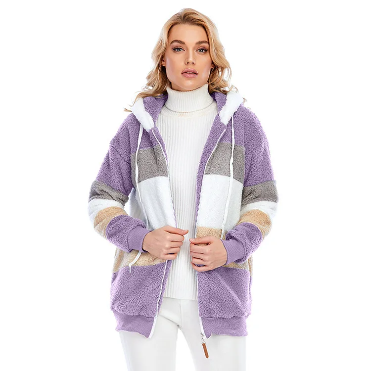 

European Autumn hooded warm coat imitation wool fur jacket furry zipper coat