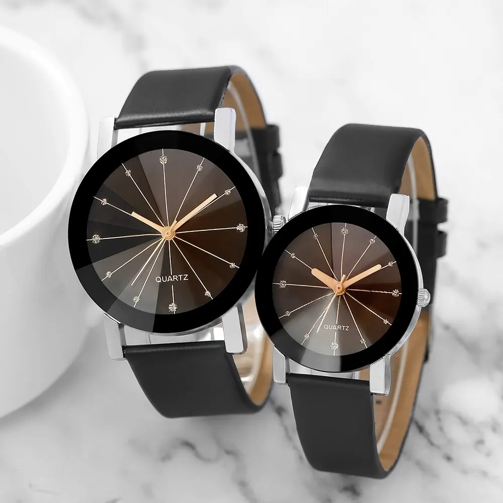 Quartz Watch 4pcs Black Strap Bracelet Couple Creative Round Glass Dial Watch Magnetic Heart Silver Bracelet Set