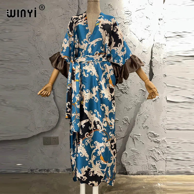 

Женское платье с поясом и принтом WINYI, Элегантное летнее кимоно, пляжная одежда, накидка для купания, праздничный кафтан, кафтан