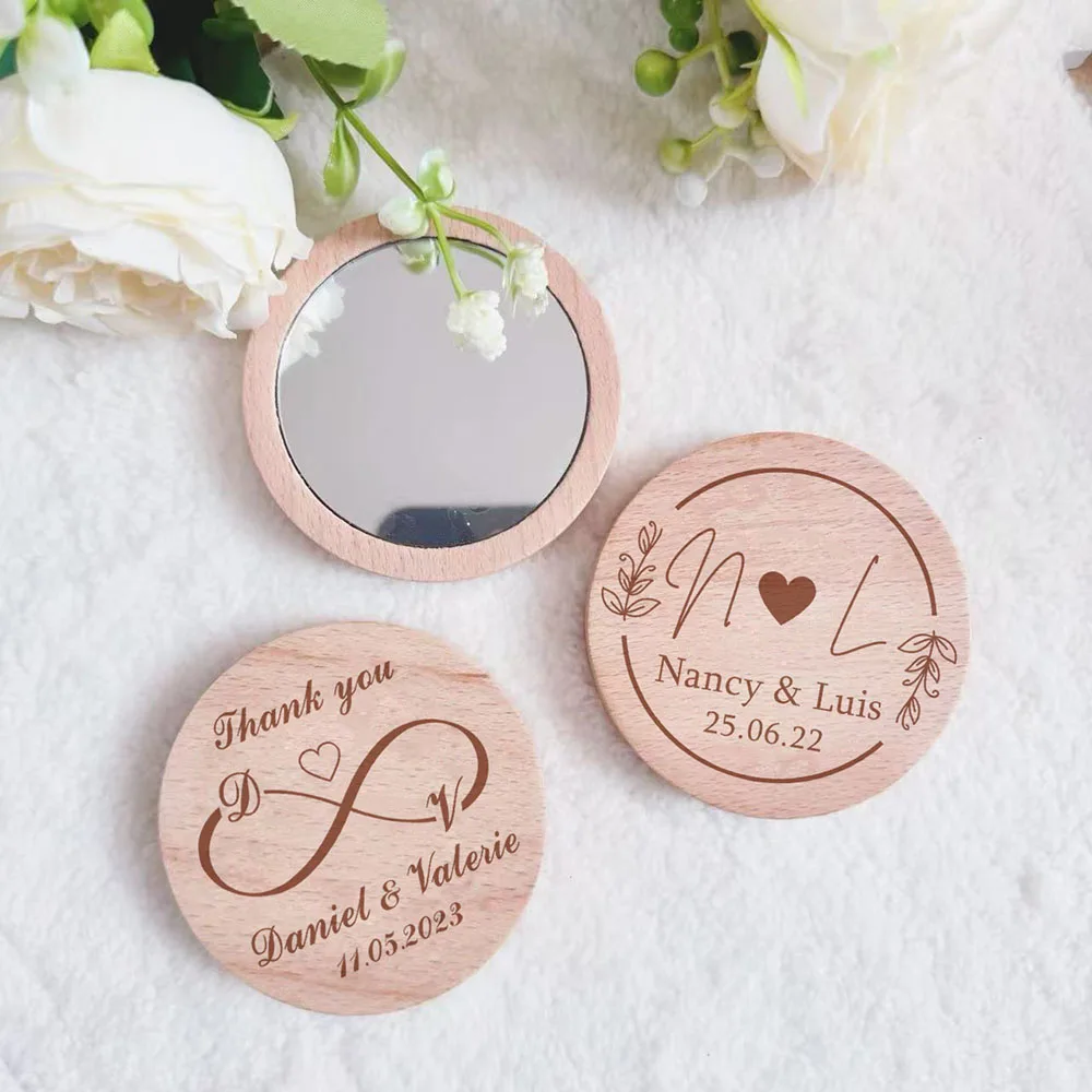 Personalised Wooden Mirror Engraved Portable Round Compact Pocket Mirror Bridesmaid Wedding Favors Baptism Gift 1-40pcs makeup mirror