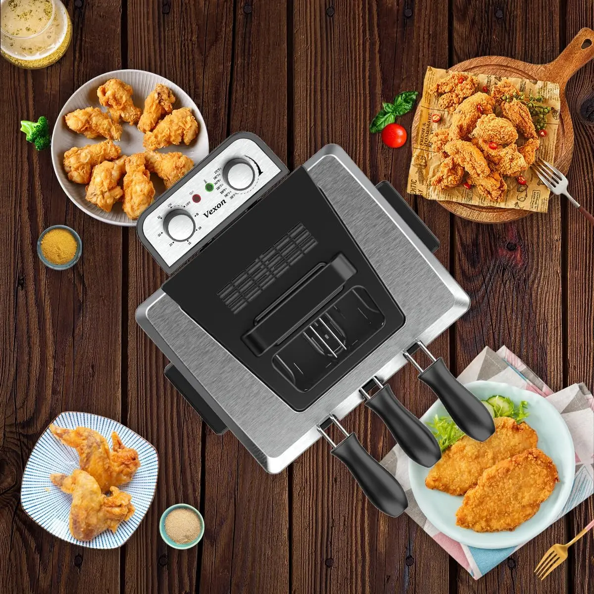 1800W 5 Liters/21 Cups Large Electric Deep Fryer with 3 Frying Baskets for Home Use, Adjustable Temperature,View Window Lid 3