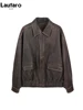 Lautaro Spring Autumn Cool Handsome Retro Oversized Distressed Brown Soft Faux Leather Jackets for Women Zipper Runway Fashion 3