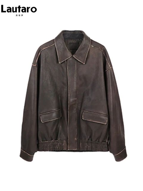Oversized Distressed Brown Soft Faux Leather Jacket for Women 2