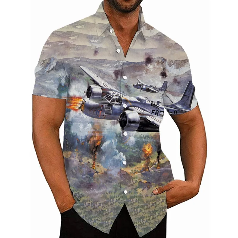 thumbnail image 1 of Camisas hawaianas con estampado 3D de avión de combate para hombre, camisas casuales de manga corta con botones, camisetas de hip hop para hombre, ropa de calle, 1 of 5