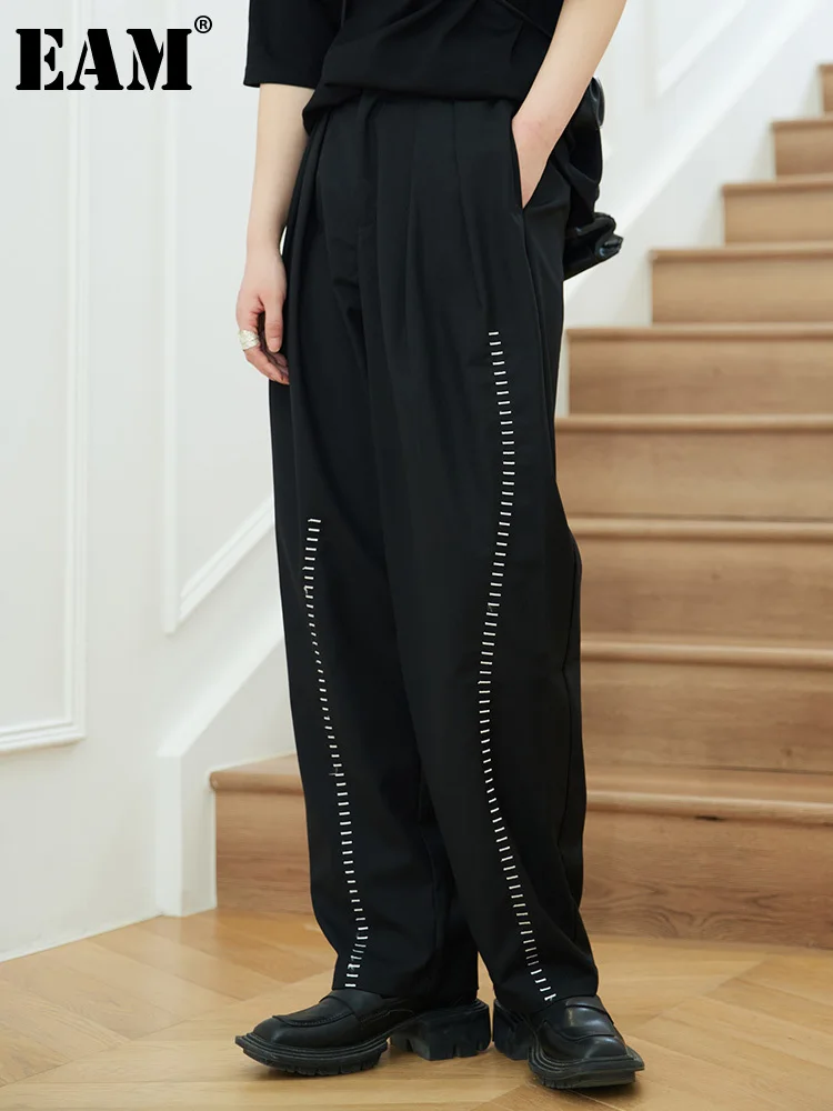 

[EAM] High Waist Black Embroidery Irregular Long Wide Leg Pants New Loose Fit Trousers Women Fashion Spring Autumn 2024 1DF3668