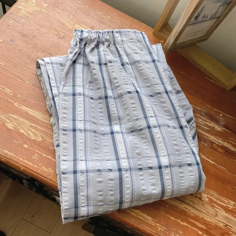 Men's Pajamas Pants Soaked Cotton Gauze Loose Comfortable Plaid Male Sleep Bottoms Trousers