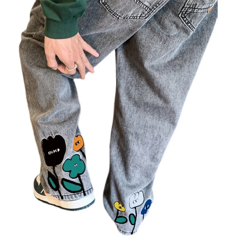 Smoky Gray Printed Jeans Men's Loose Straight Wide-Leg Pants High Street Ins Fashion Brand Drape Daddy Pants