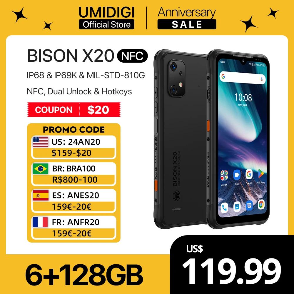 [World Premiere]UMIDIGI BISON X20 Rugged cellphone Android 13 MTK Helio P60 Octa-Core 6.53 HD 6GB 128GB 6000mAh Battery NFC unihertz titan ip67 rugged 4g octa core 6gb 128gb android 10 with qwerty keyboard nfc 6000mah