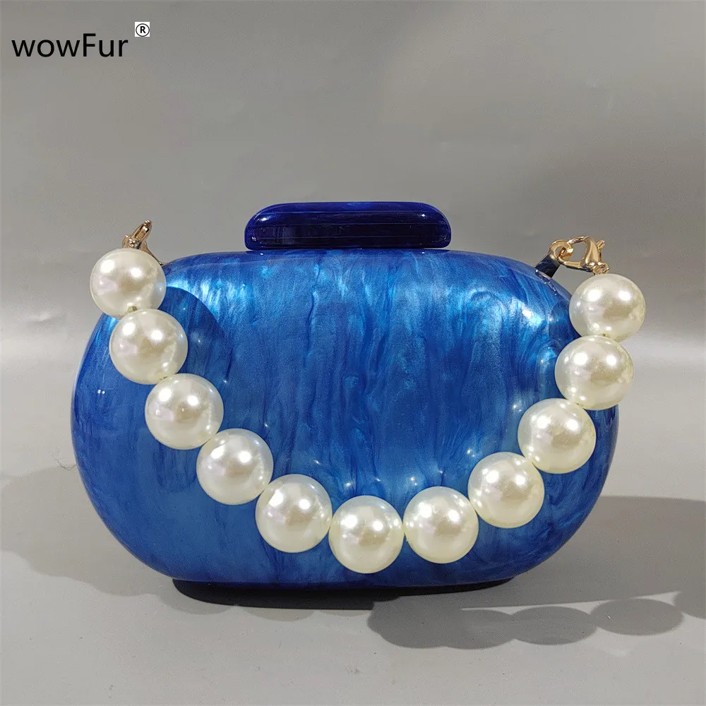 

New Pearl Blue Acrylic Egg Box Clutches Bags Mini Luxury Brand Women Shoulder Evening Wedding Party Wallet Oval Purse Handbags