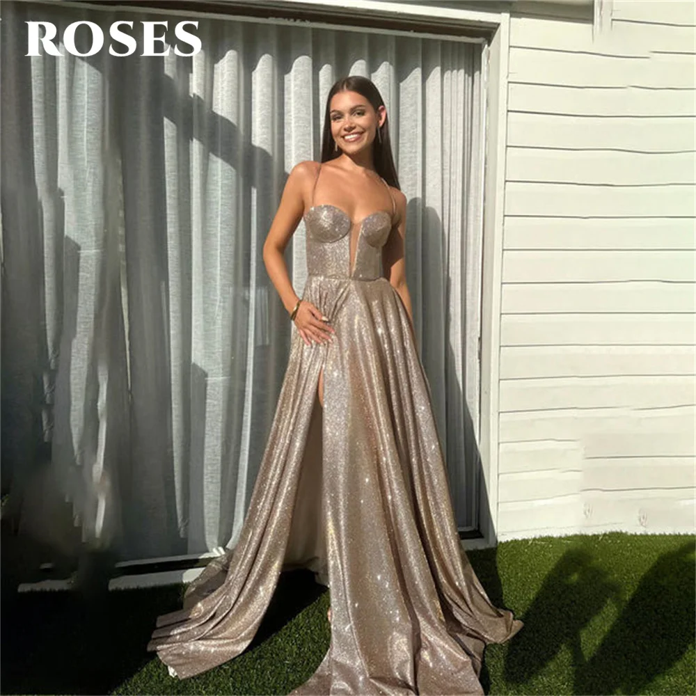 

ROSES Champagne Sweetheart Evening Gown Lace Up Back Elegant Prom Dress Sequin Side Split Wedding Evening Dress robes de soirée