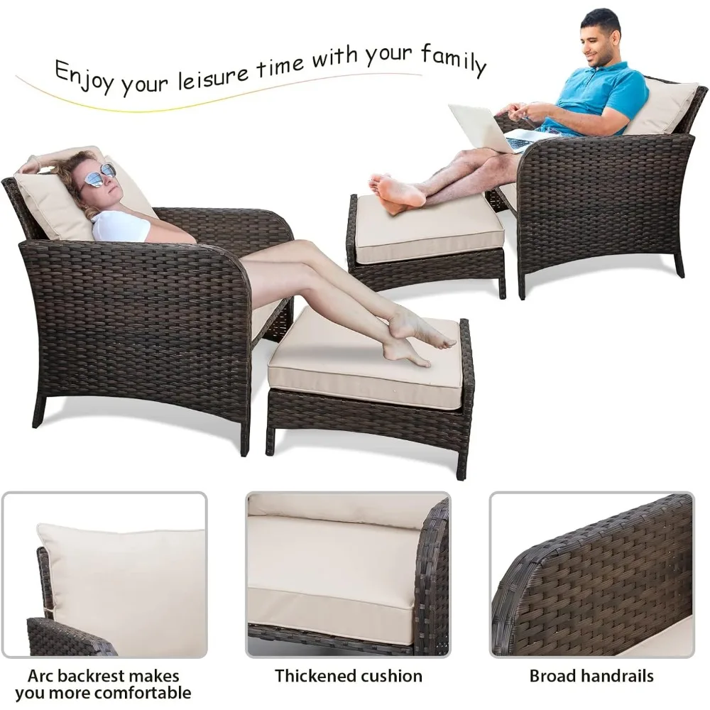 Piece Patio Conversation Set, PE Wicker Rattan Outdoor Lounge Chairs with Soft Cushions 2 Ottoman&Glass Table, Garden Sofas 5