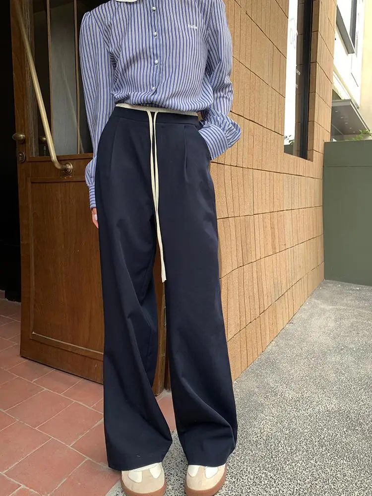 2023 Autumn Solid Casual Drawstring Wide Leg Long Pants Women Korean Fashion  Baggy Straight Suit Trousers Elastic High Waist New - AliExpress
