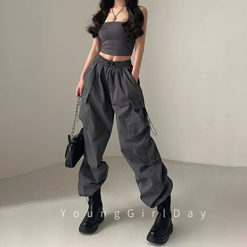 American Workwear Pants Women Loose Solid Elastic High Waist Drawstring Pockets Versatile Trend Sports Casual Wide Leg Trousers