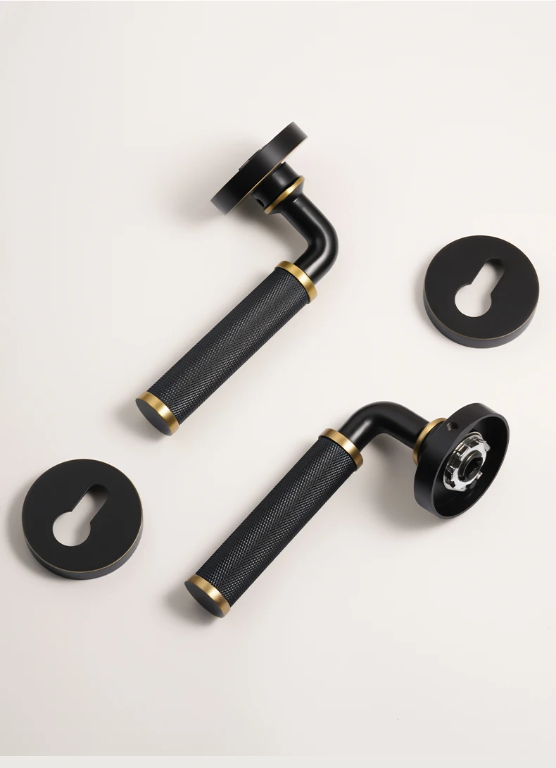 Dooroom Luxuriöses Messing-Türgriff-Set mit Rändelung in Schwarz-Gold, Modernes Innentürschloss für Schlafzimmer und Badezimmer, Dummy-Knauf mit Privatsphäre- und Durchgangssperre – Detail 13