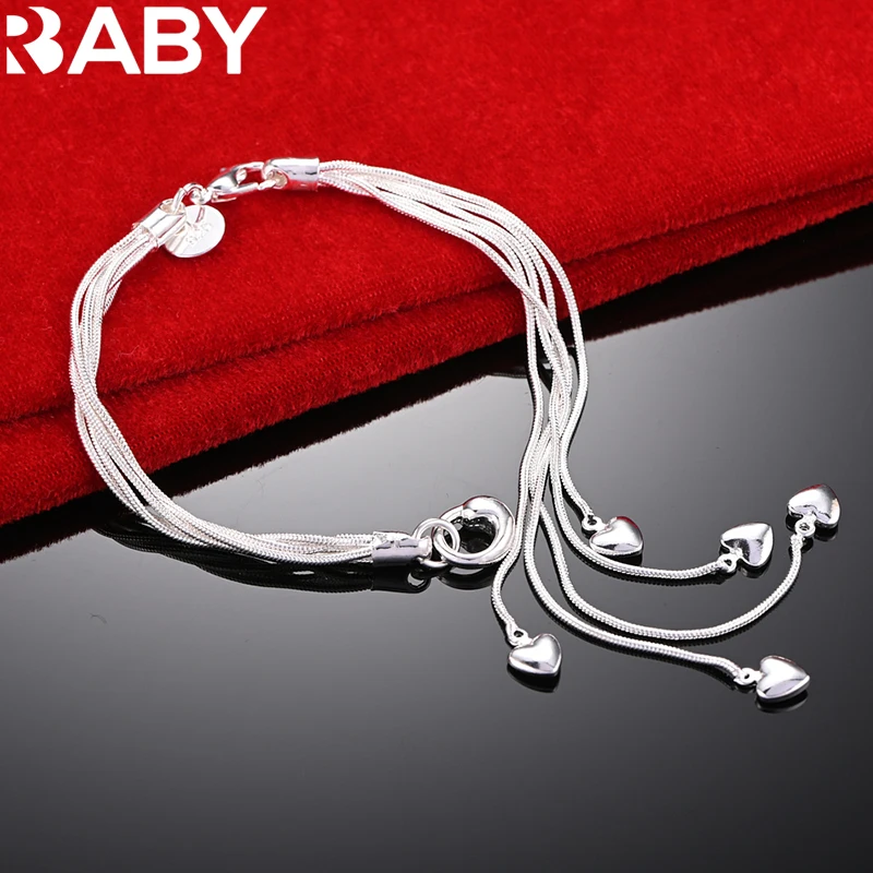 

URBABY 925 Sterling Silver Five Small Love Heart Snake Chain Bracelet For Woman Fashion Charm Party Jewelry Wedding Gift