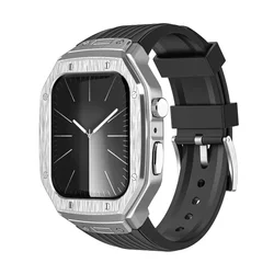 Luxury Metal Case & TPU Strap Kit for Apple Watch - Premium Replacement Accessories (Black Silver)