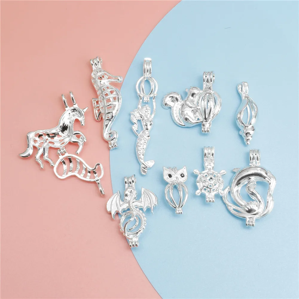 10pcs Classics Silver Color Pearl Cage Locket Pendants Aromatherapy Mermaid Essential Oil Diffuser Necklace Locket For DIY