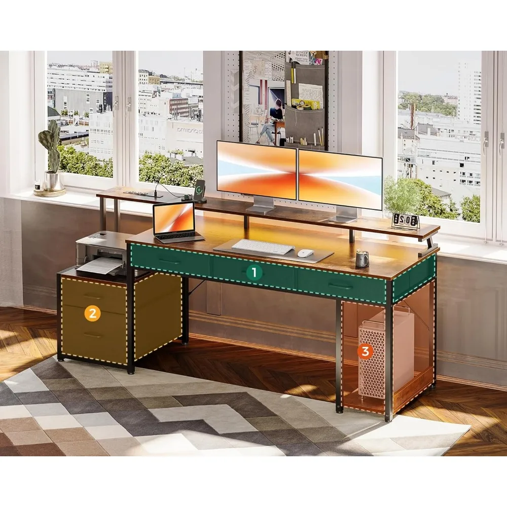 71 Inch Computer Desk with File Drawer, Reversible Office Desk with 4 Drawers & Power Outlet, LED Strip Monitor Shelf CPU Stand 5