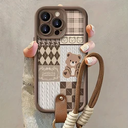 Grid Pattern Bear Hang Strap Shockproof Soft Phone Case - 7 8 SE 2020 2022 (1)