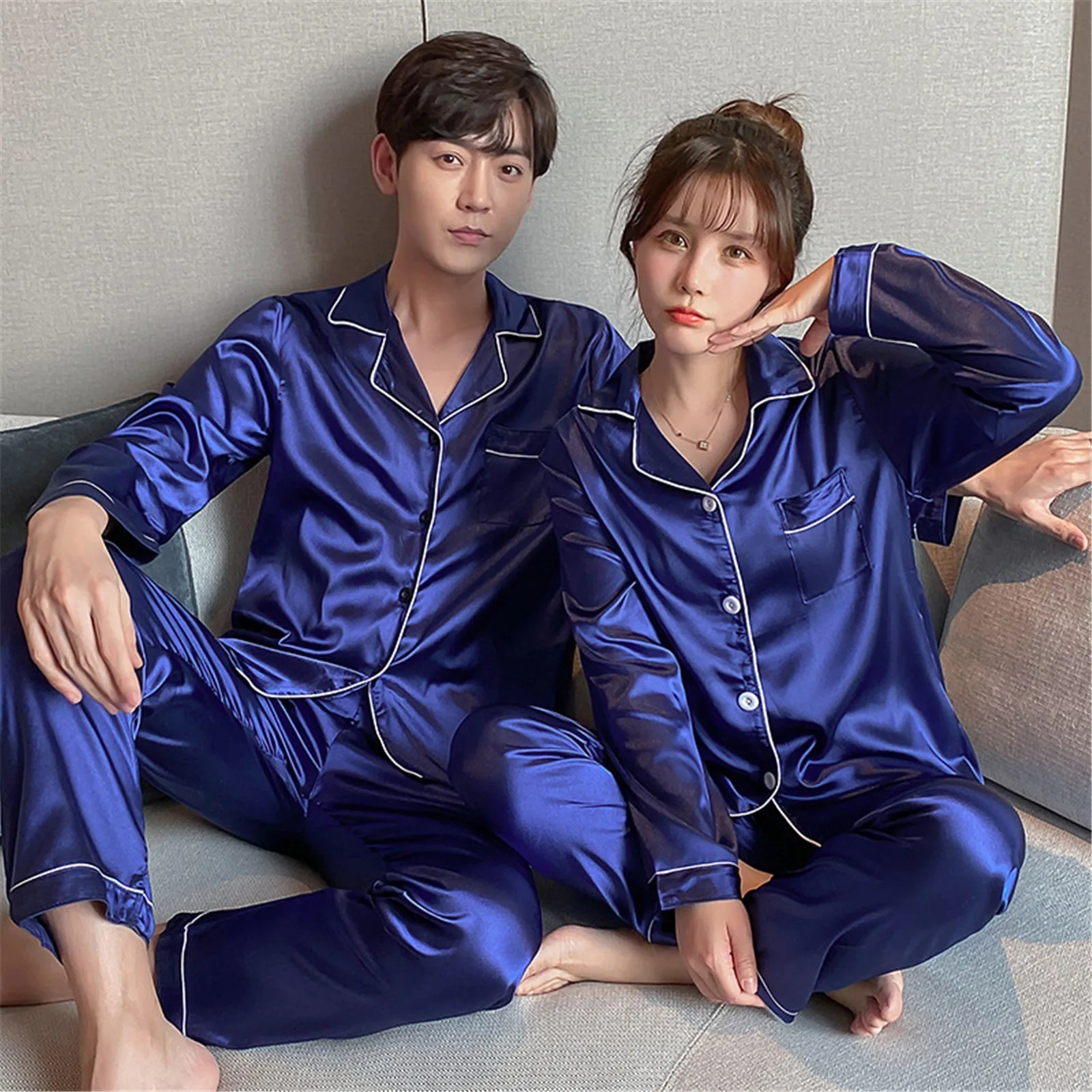 

Women Pajamas Sleepwear Nightclothes Black Champagne L XL Long Sleeved Shirt And Trousers Ice Silky Solid Color Casual Smooth